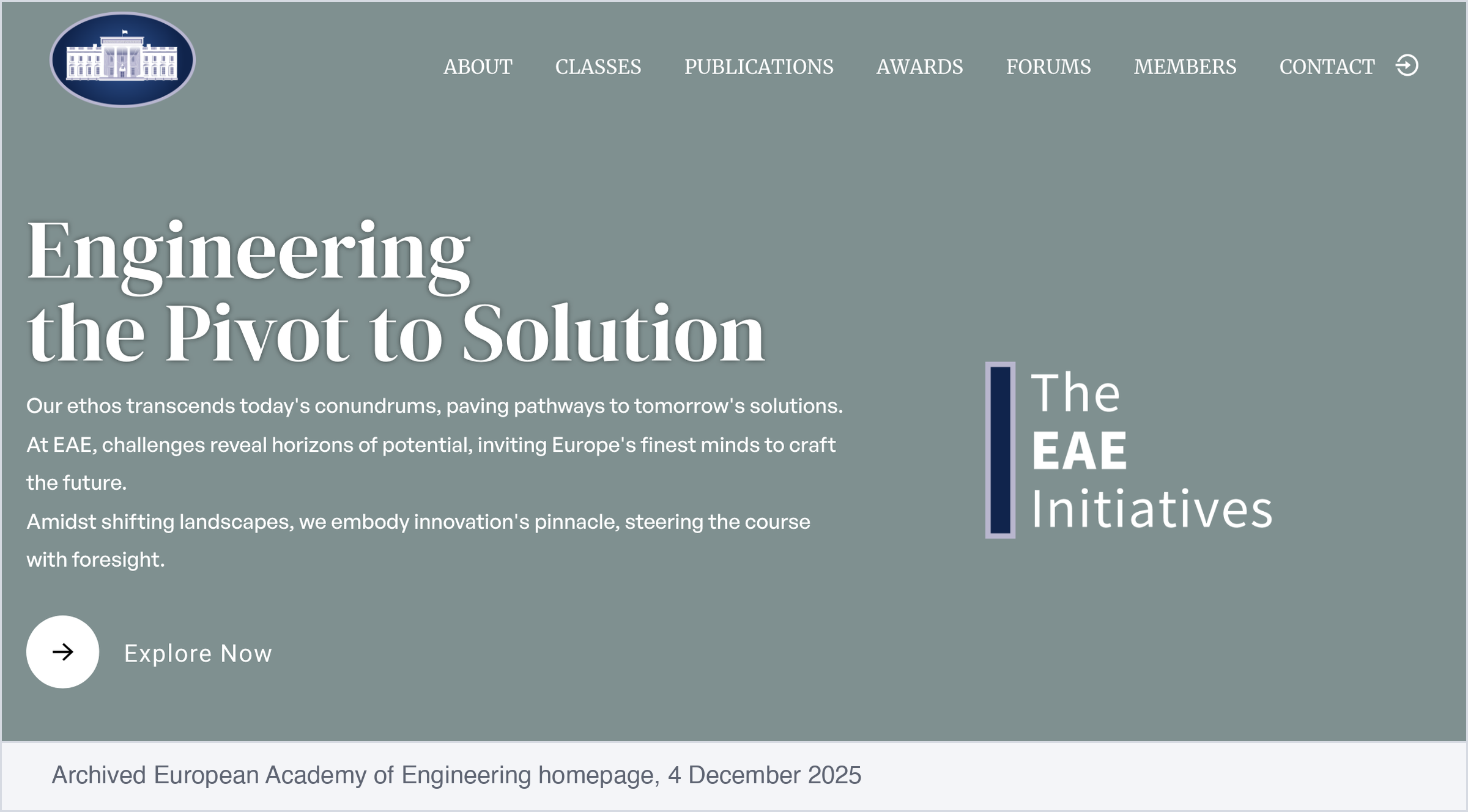 Screenshot of the European Academy of Engineering homepage, archived 4 December 2025. Under the headline "Engineering the Pivot to Solution" it reads: "Our ethos transcends today's conundrums, paving pathways to tomorrow's solutions."