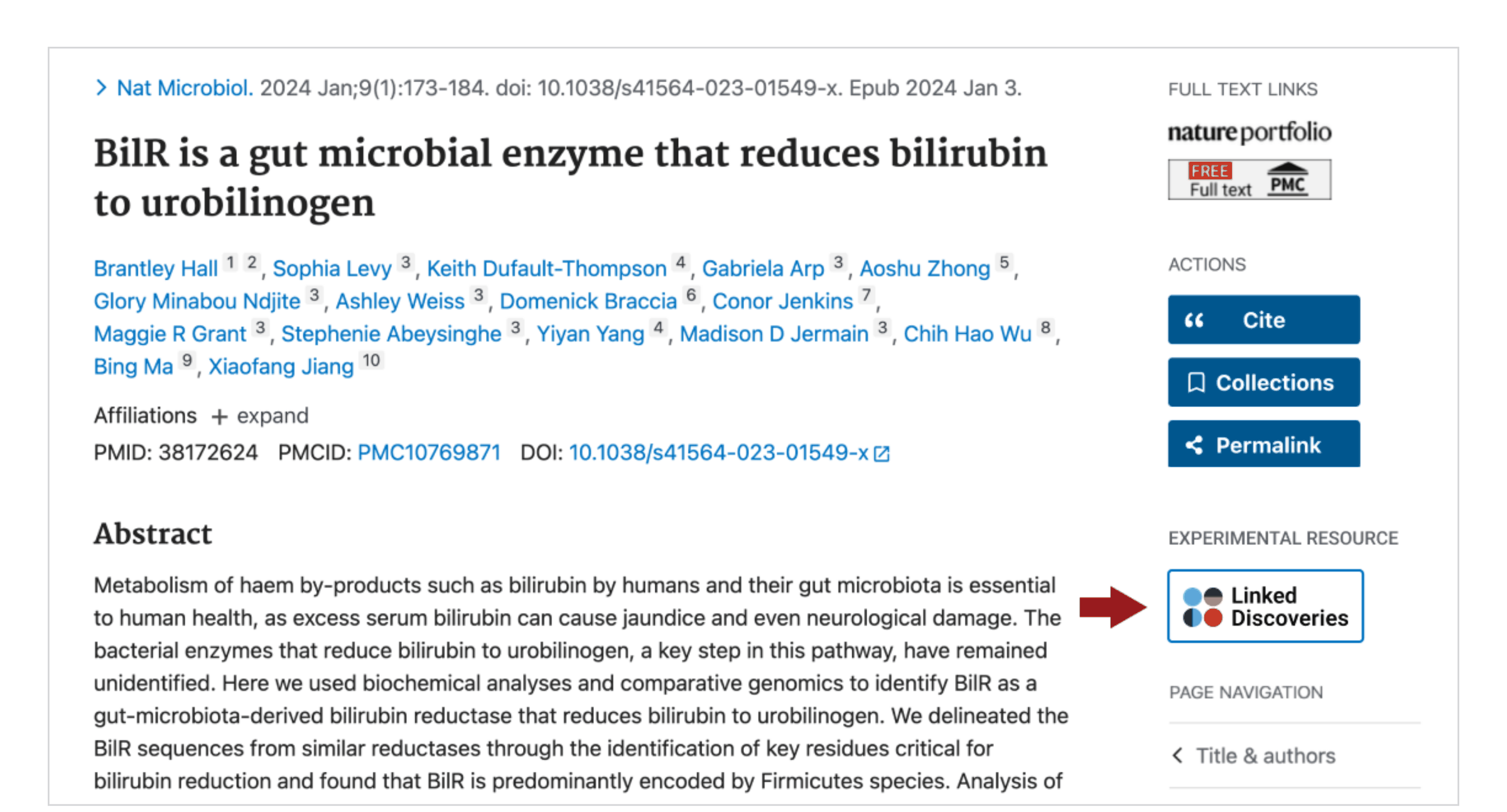 Screenshot of a PubMed abstract page, with the new Linked Discoveries button under Experimental resource, beside the abstract.
