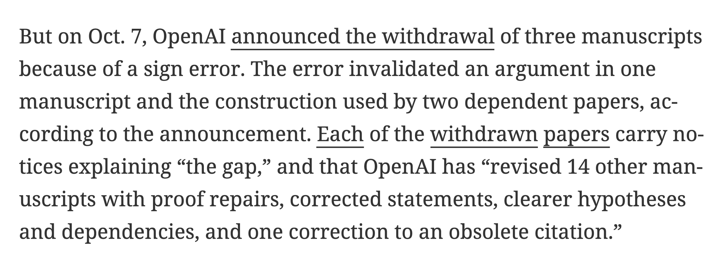 But on Oct. 7, OpenAI announced the withdrawal of three manuscripts because of a sign error.