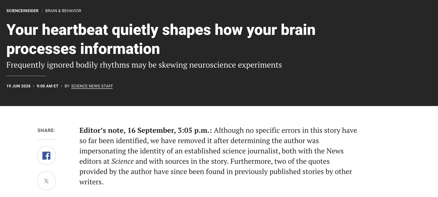 🎭 Science pulled a story after finding its author was not who they said